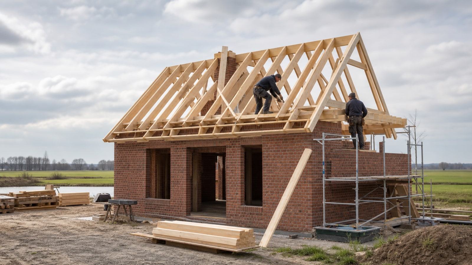 Rohbau aus Klinker-Mauerwerk mit neuem Holz-Dachstuhl, zwei Handwerker bei der Arbeit