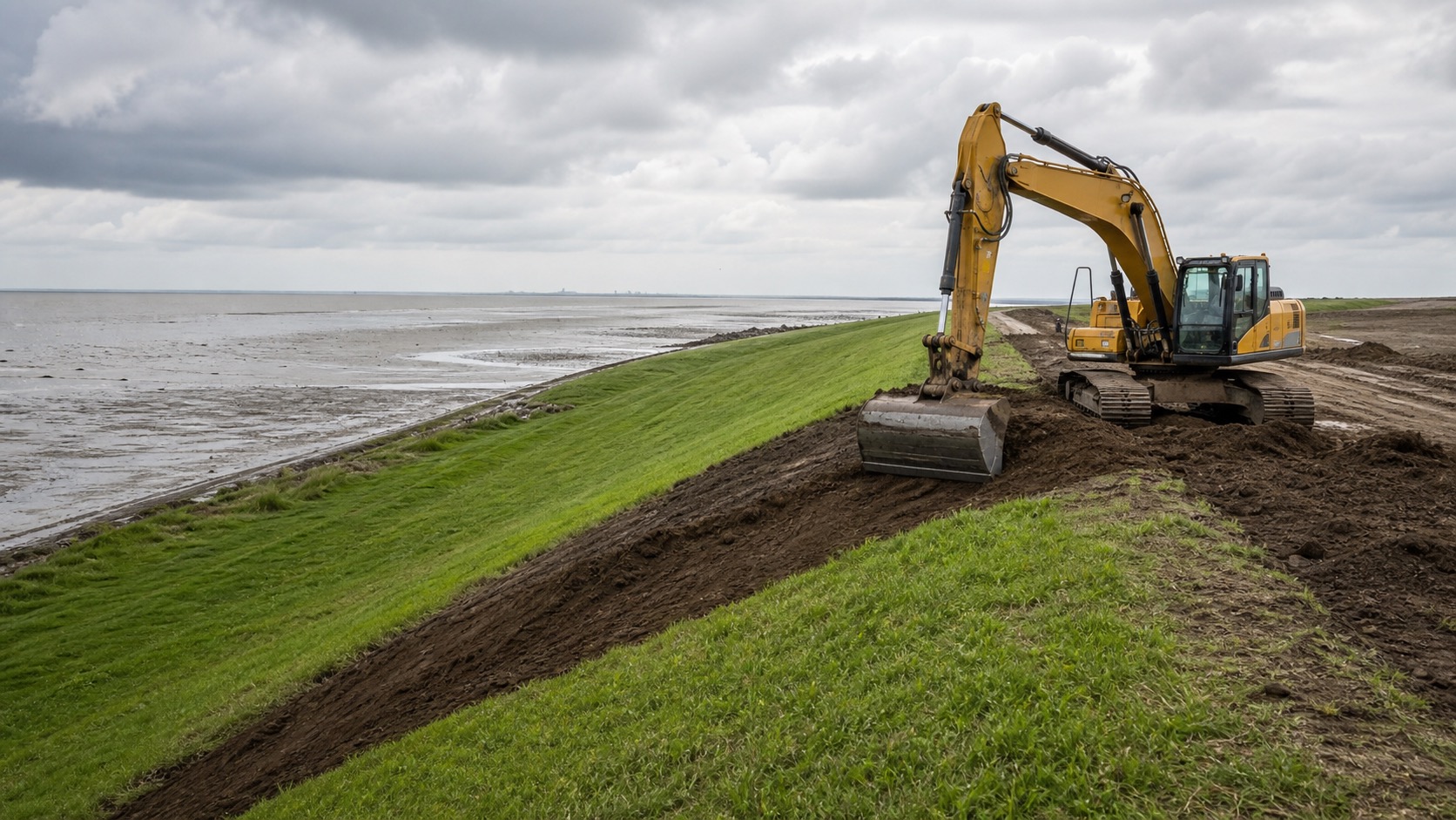 Bagger formt das Böschungsprofil eines Deichs an der Nordseeküste