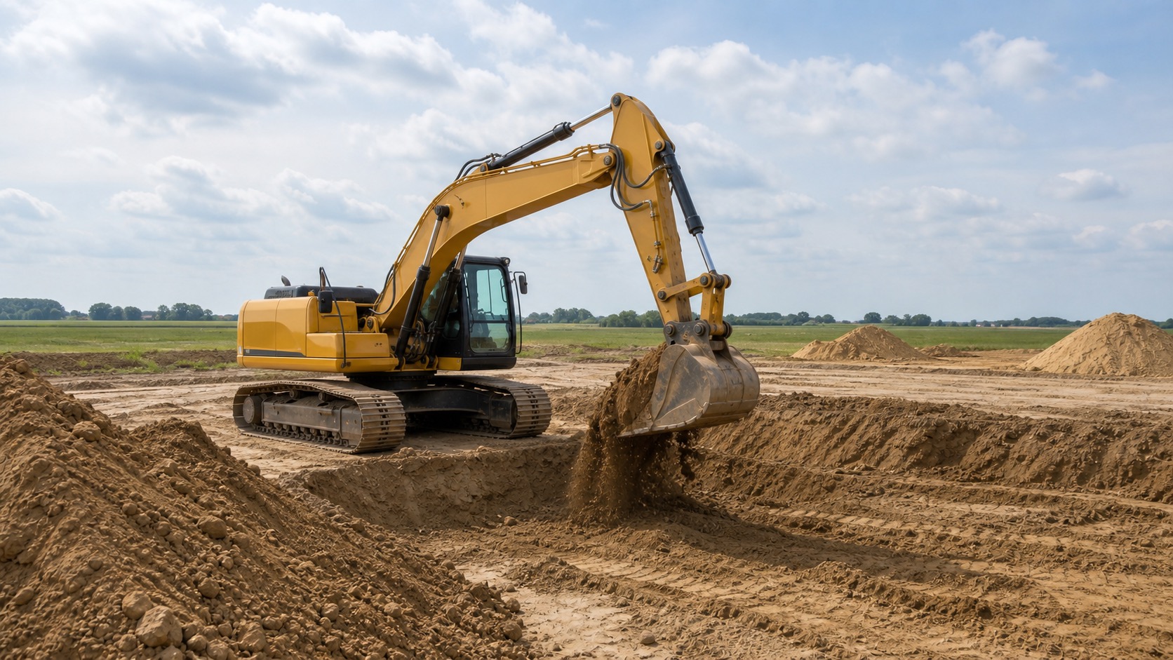 Bagger hebt eine Baugrube aus auf einer norddeutschen Erdbau-Baustelle