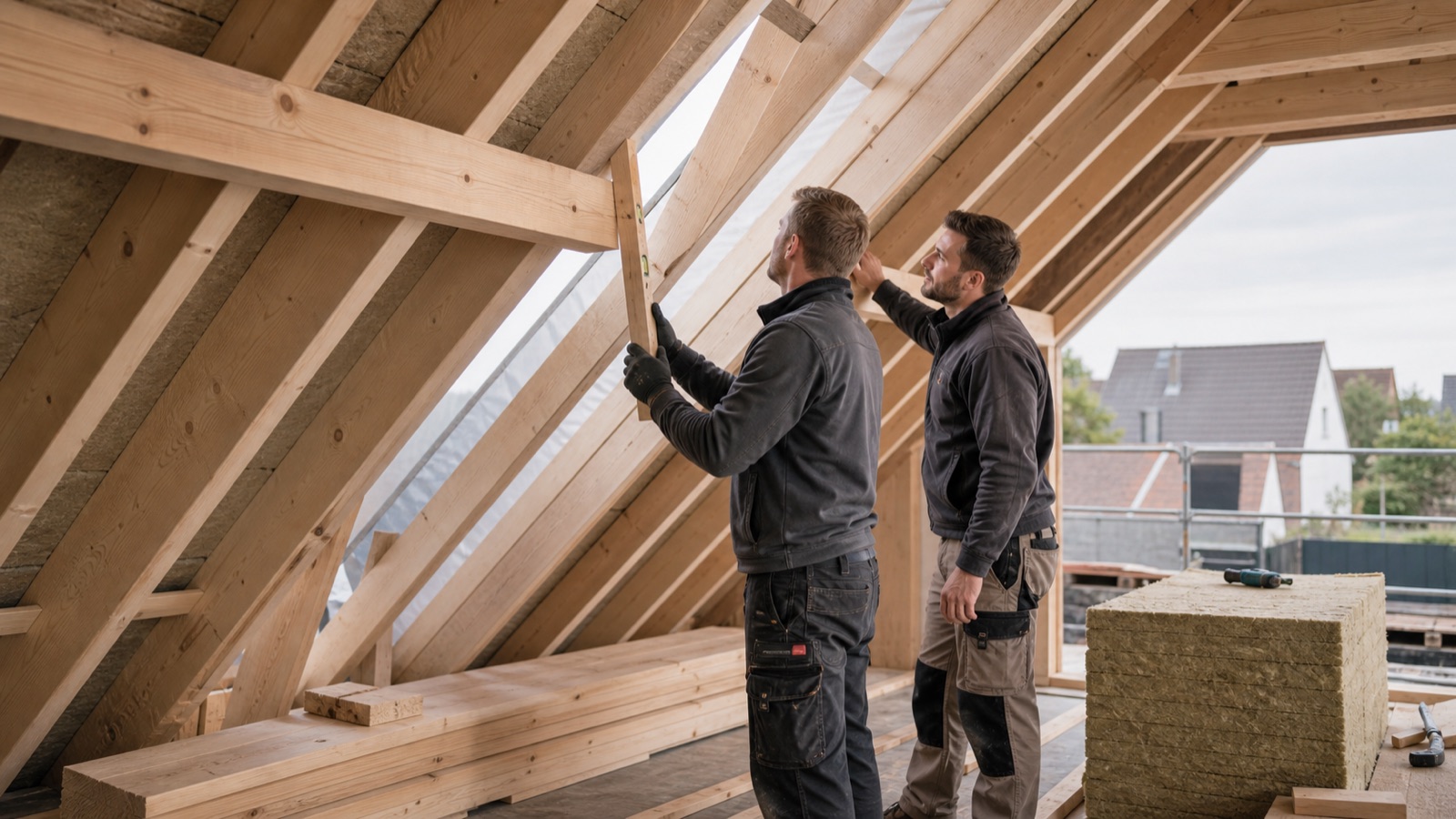 Zimmerer prüfen eine Holz-Dachkonstruktion im Bestand